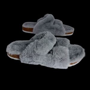 Fitory Womens Gray Faux Fur Slide Slippers Sz 9 Cozy Footbed Cork Soft